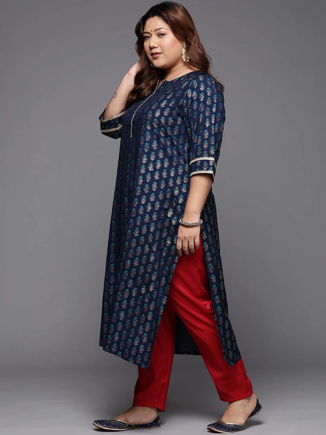 Plus Size Blue Printed Silk Straight Kurta - Libas