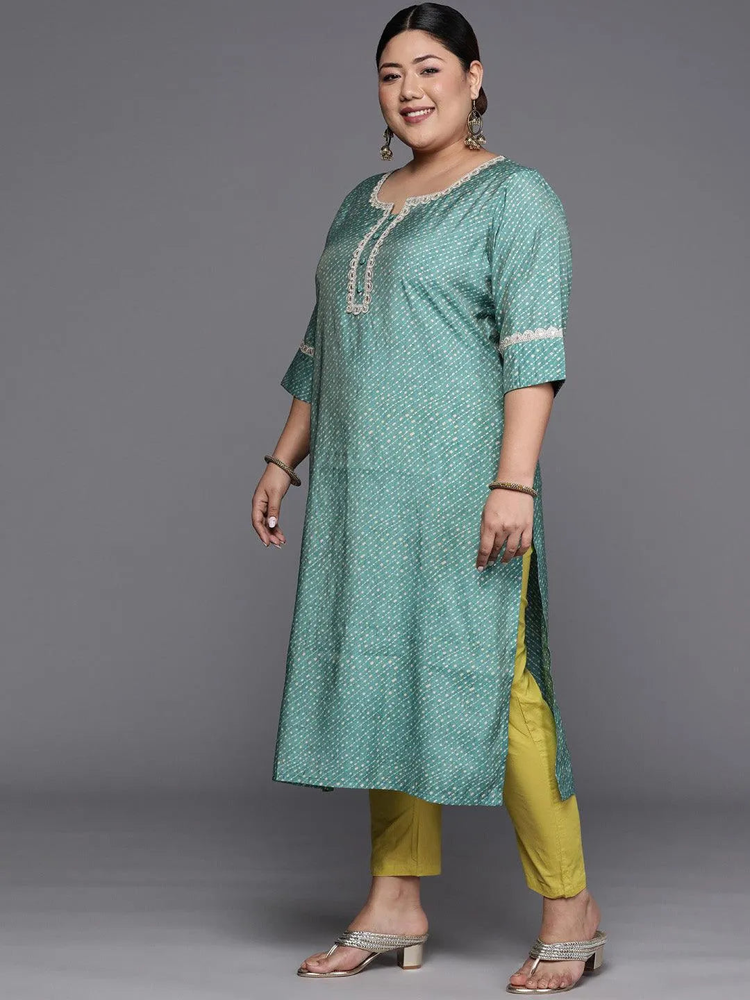 Plus Size Blue Printed Silk Straight Kurta - Libas