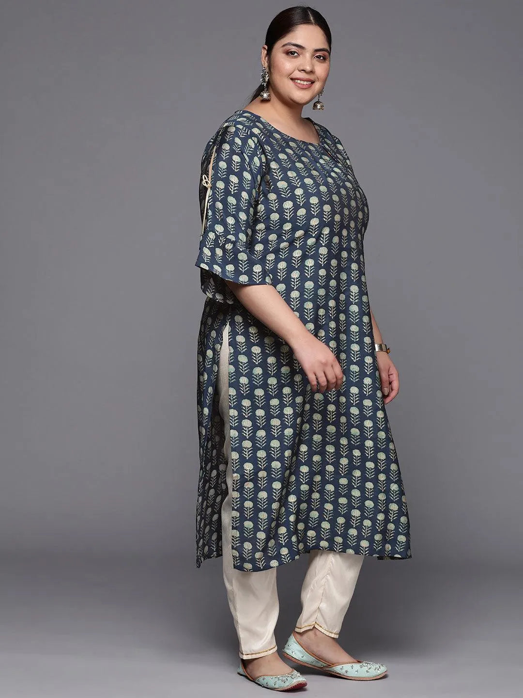 Plus Size Blue Printed Silk Straight Kurta - Libas