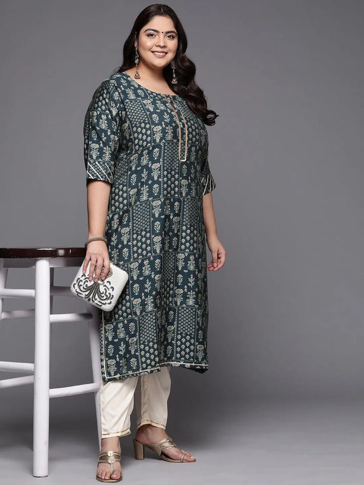 Plus Size Blue Printed Silk Straight Kurta - Libas