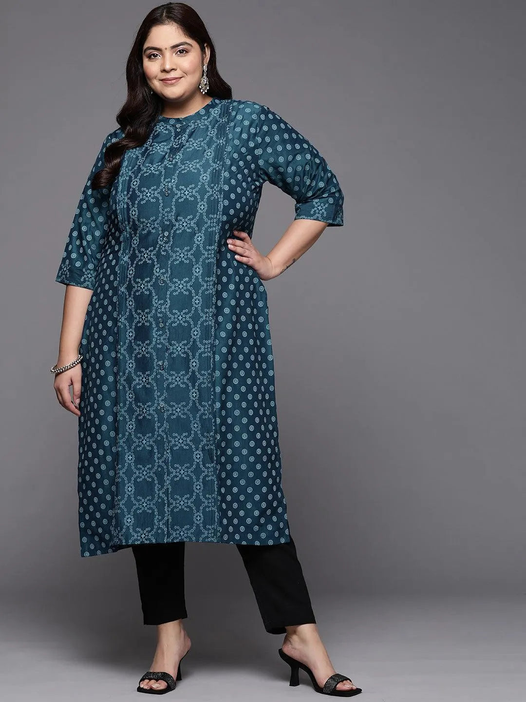 Plus Size Blue Printed Silk Straight Kurta - Libas