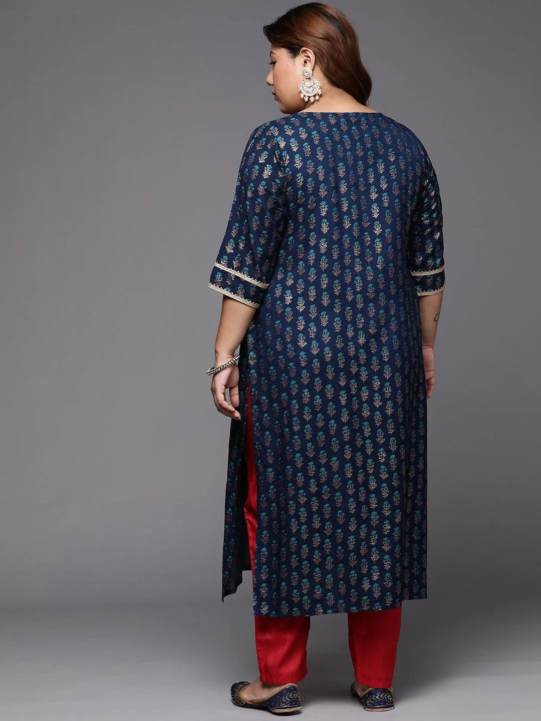 Plus Size Blue Printed Silk Straight Kurta - Libas