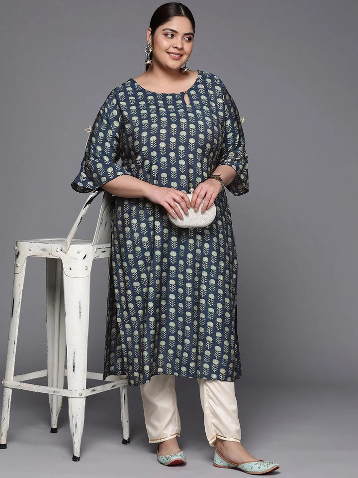 Plus Size Blue Printed Silk Straight Kurta - Libas