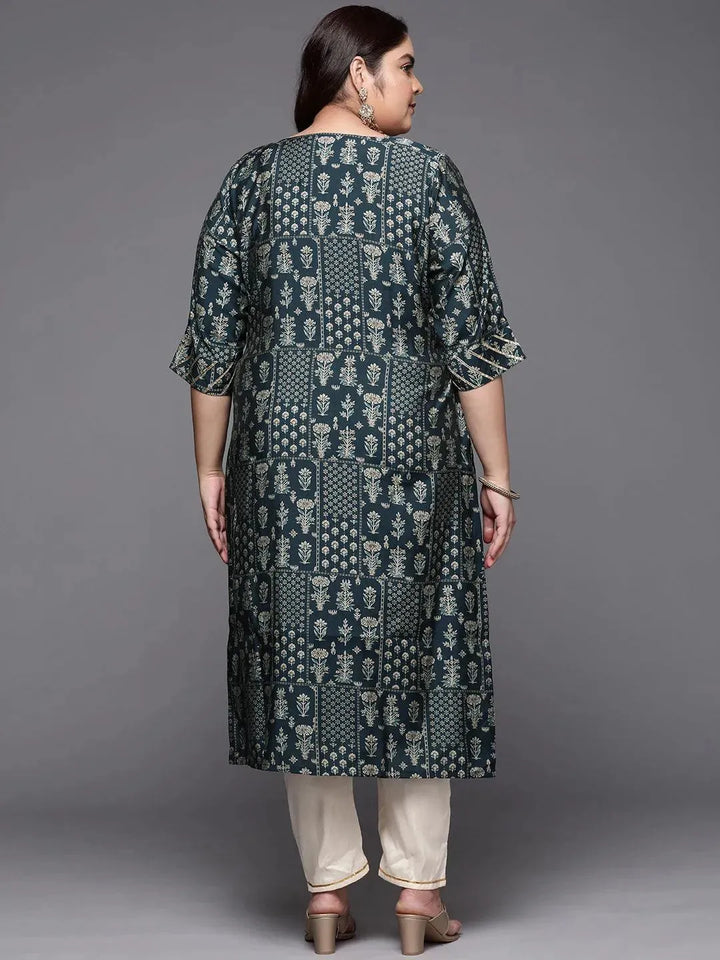 Plus Size Blue Printed Silk Straight Kurta - Libas