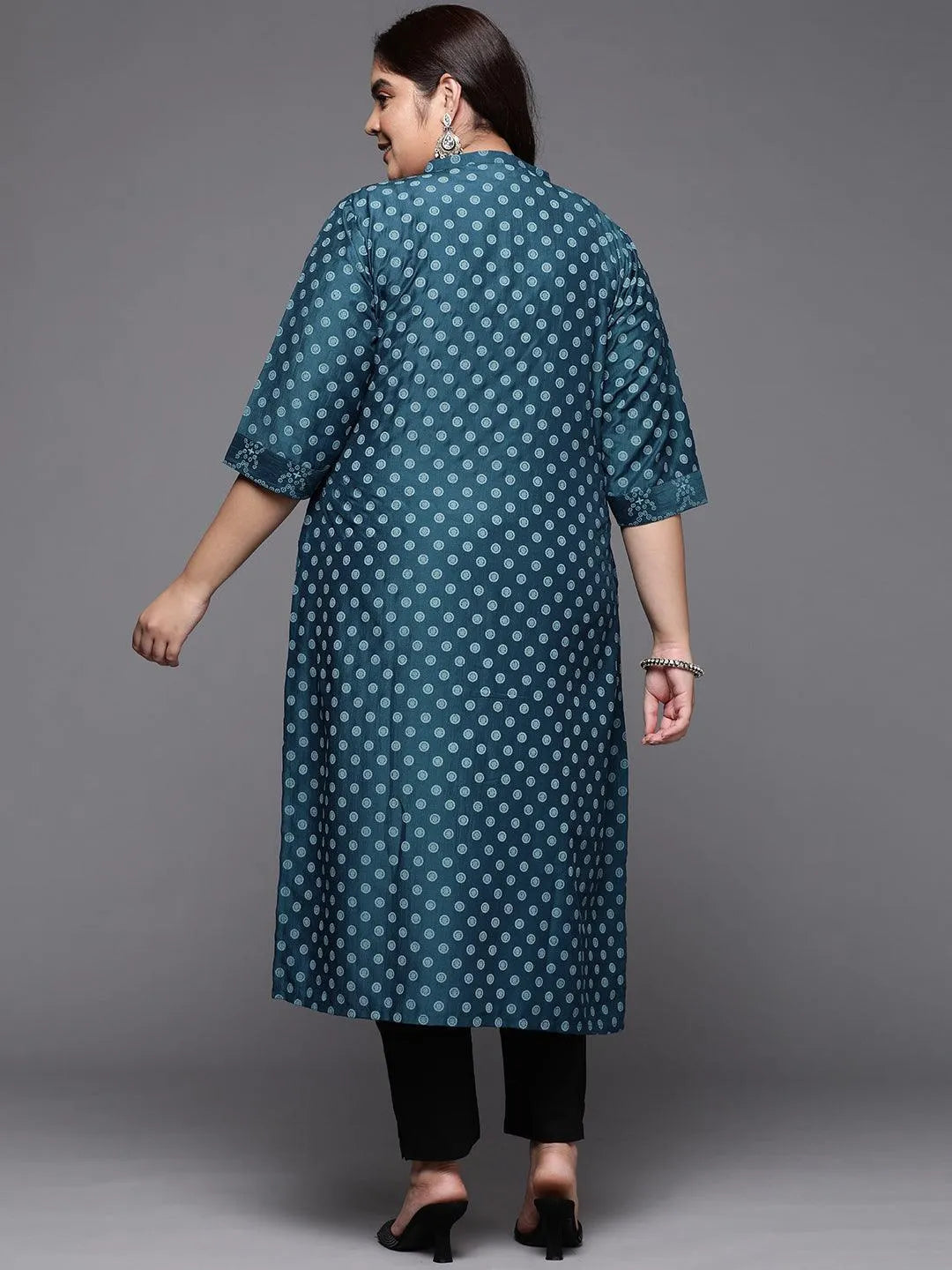 Plus Size Blue Printed Silk Straight Kurta - Libas