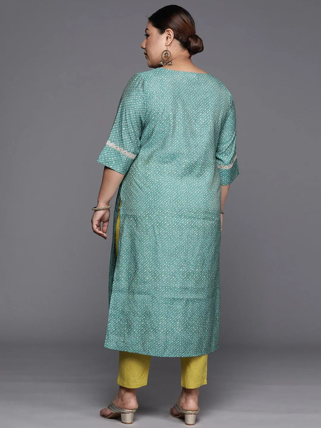 Plus Size Blue Printed Silk Straight Kurta - Libas