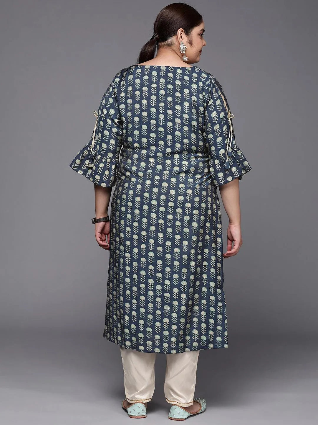 Plus Size Blue Printed Silk Straight Kurta - Libas