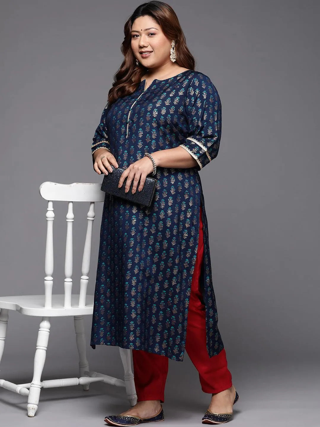 Plus Size Blue Printed Silk Straight Kurta - Libas