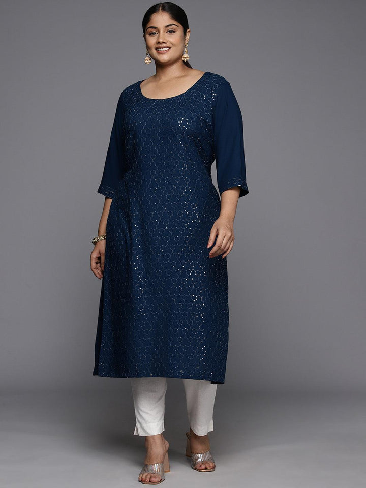 Plus Size Blue Rayon Embellished Straight Kurta - Libas