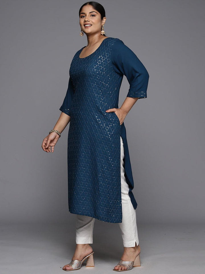 Plus Size Blue Rayon Embellished Straight Kurta - Libas