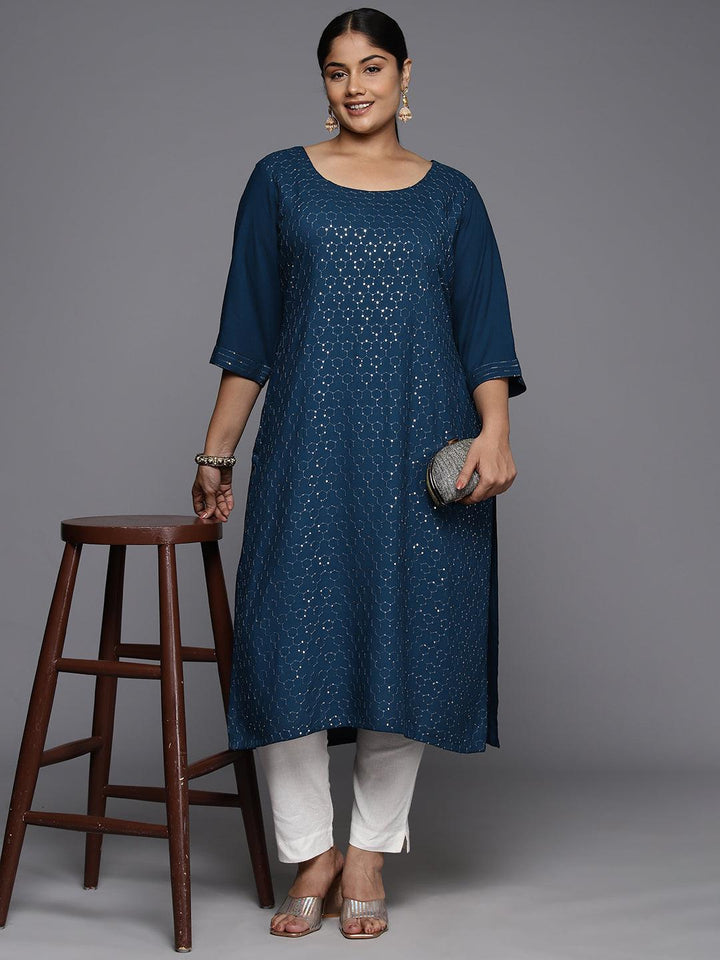 Plus Size Blue Rayon Embellished Straight Kurta - Libas