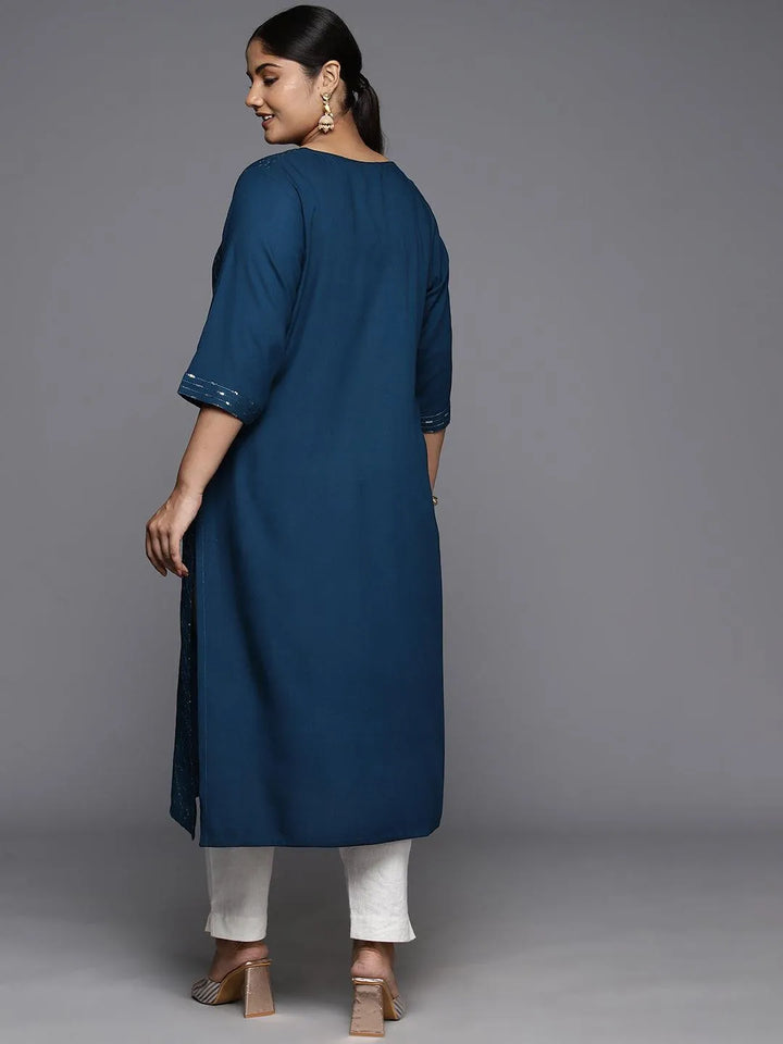 Plus Size Blue Rayon Embellished Straight Kurta - Libas