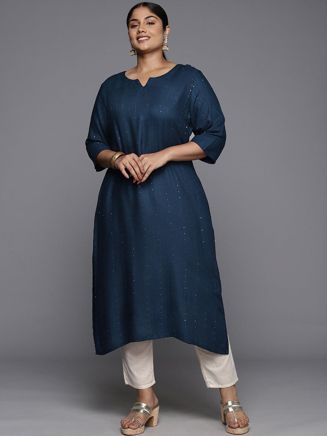 Plus Size Blue Rayon Embroidered Straight Kurta - Libas 