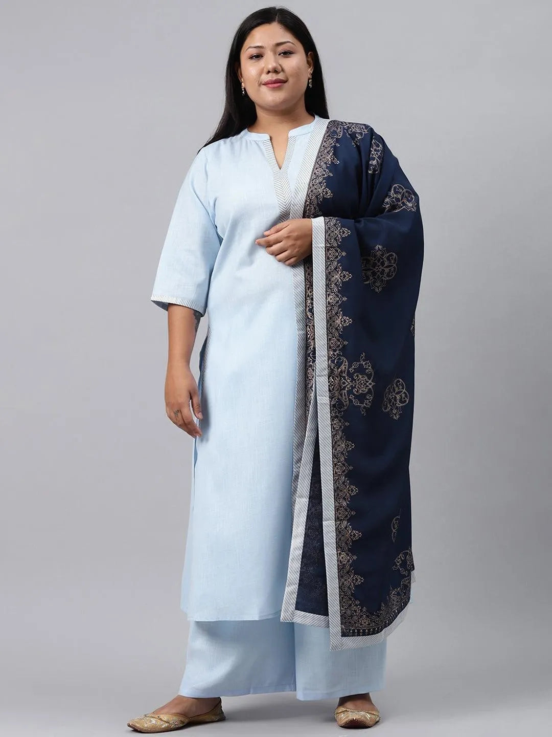 Plus Size Blue Solid Cotton Suit Set - Libas