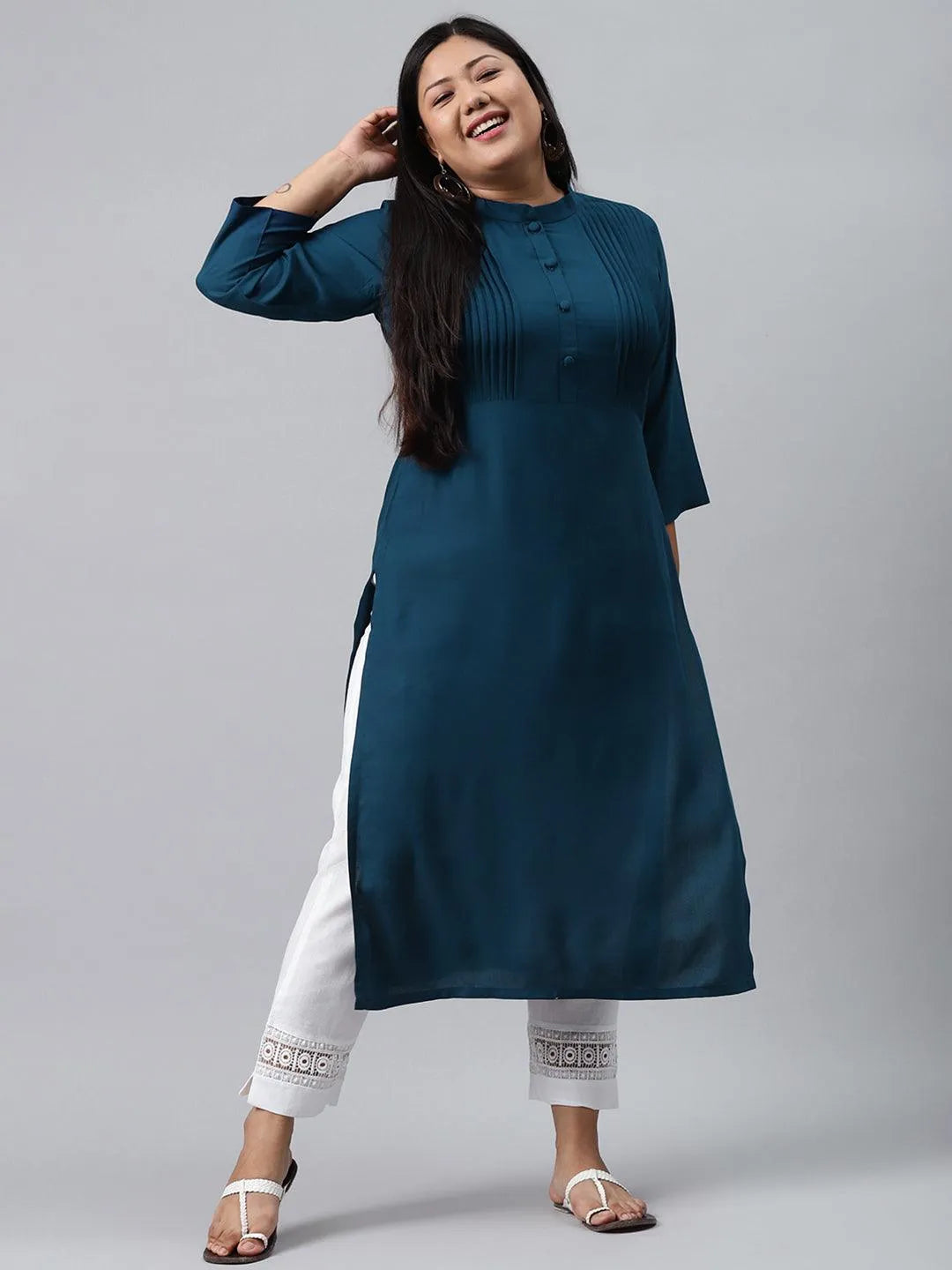 Plus Size Blue Solid Rayon Kurta - Libas 