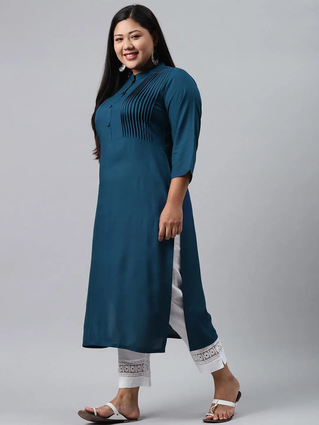 Plus Size Blue Solid Rayon Kurta - Libas 