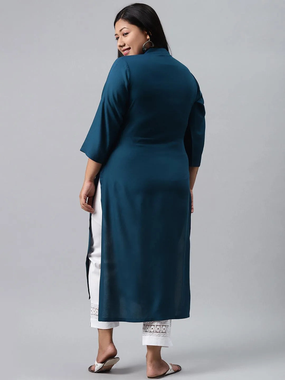 Plus Size Blue Solid Rayon Kurta - Libas