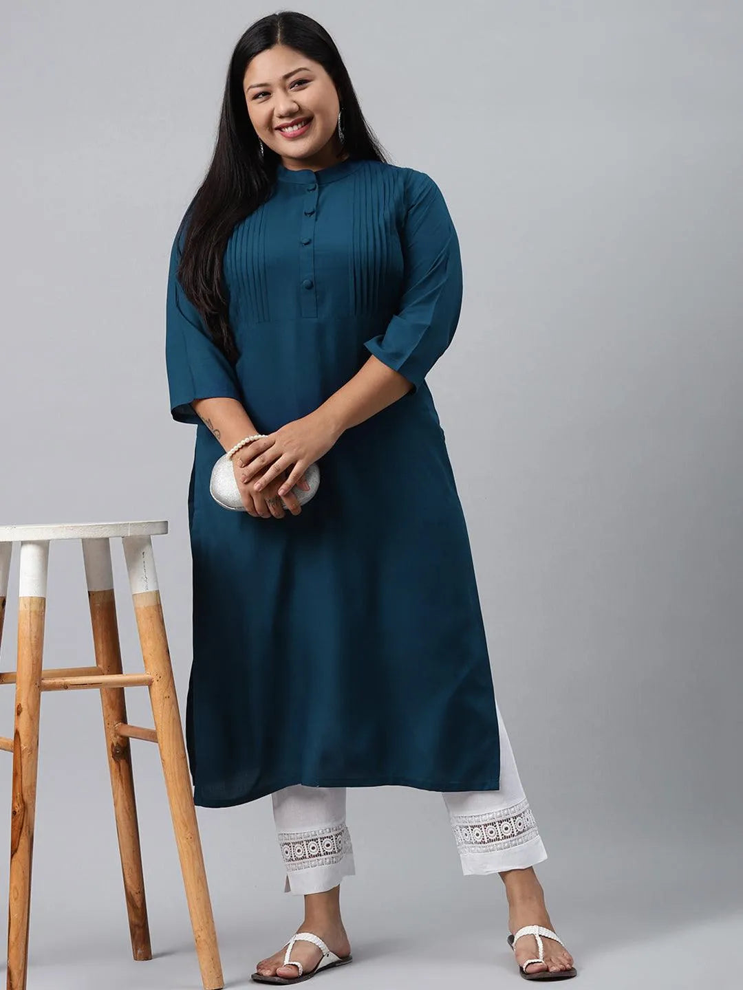 Plus Size Blue Solid Rayon Kurta - Libas 