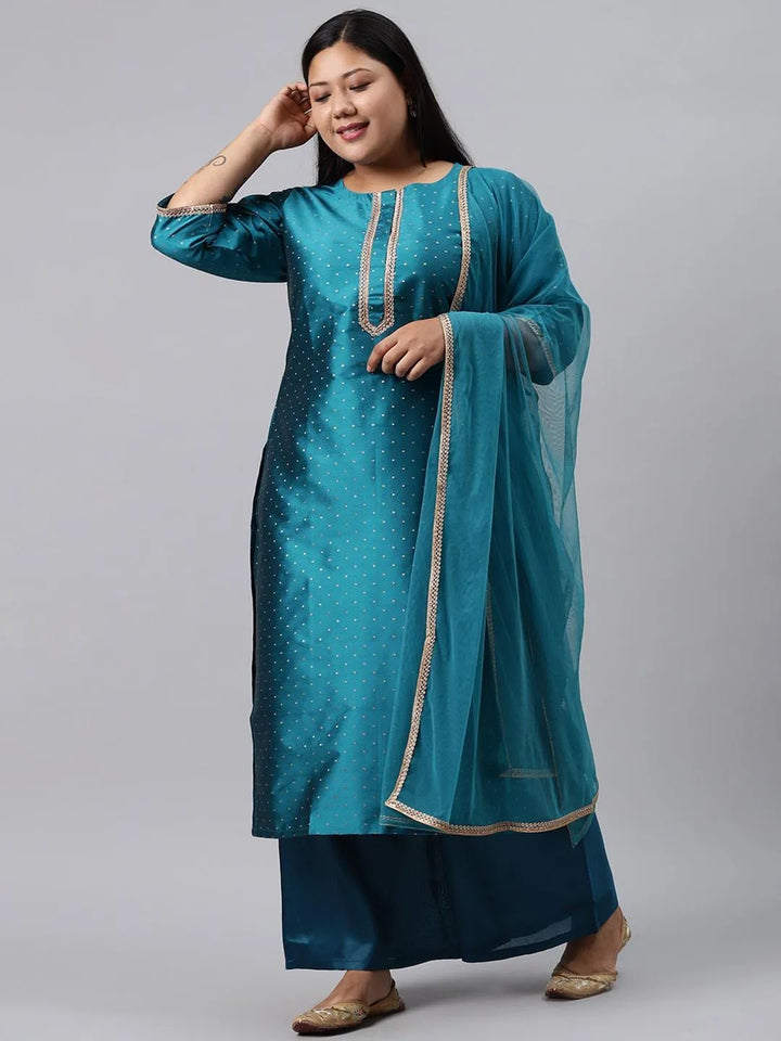 Plus Size Blue Woven Design Art Silk Suit Set - Libas