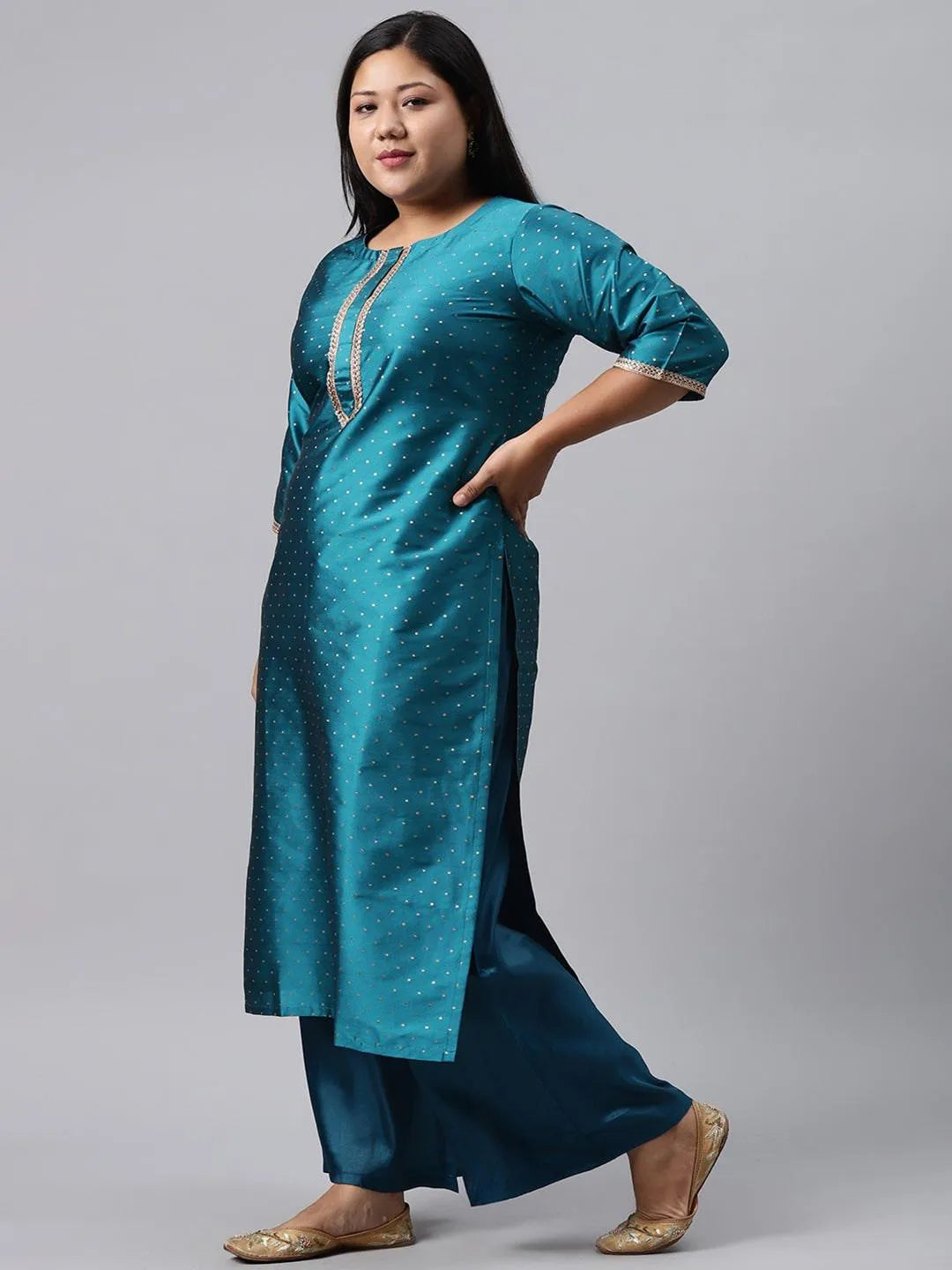 Plus Size Blue Woven Design Art Silk Suit Set - Libas