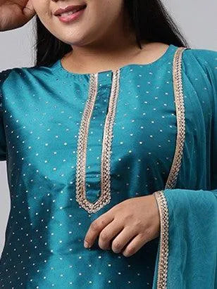 Plus Size Blue Woven Design Art Silk Suit Set - Libas