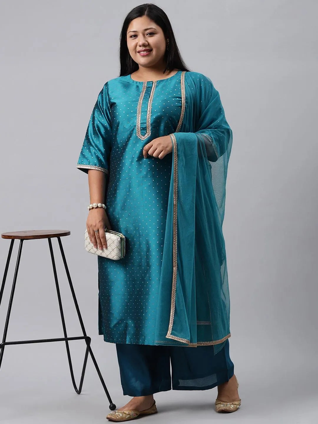 Plus Size Blue Woven Design Art Silk Suit Set - Libas 