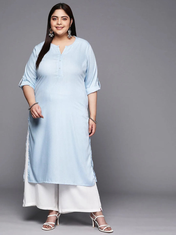 Plus Size Blue Woven Design Rayon Straight Kurta - Libas