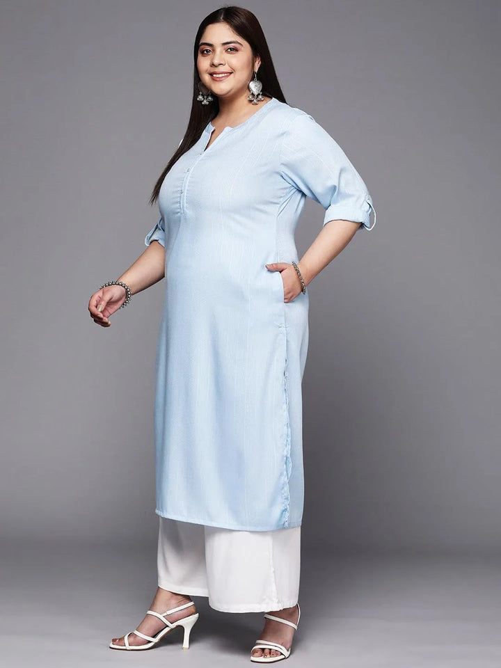 Plus Size Blue Woven Design Rayon Straight Kurta - Libas