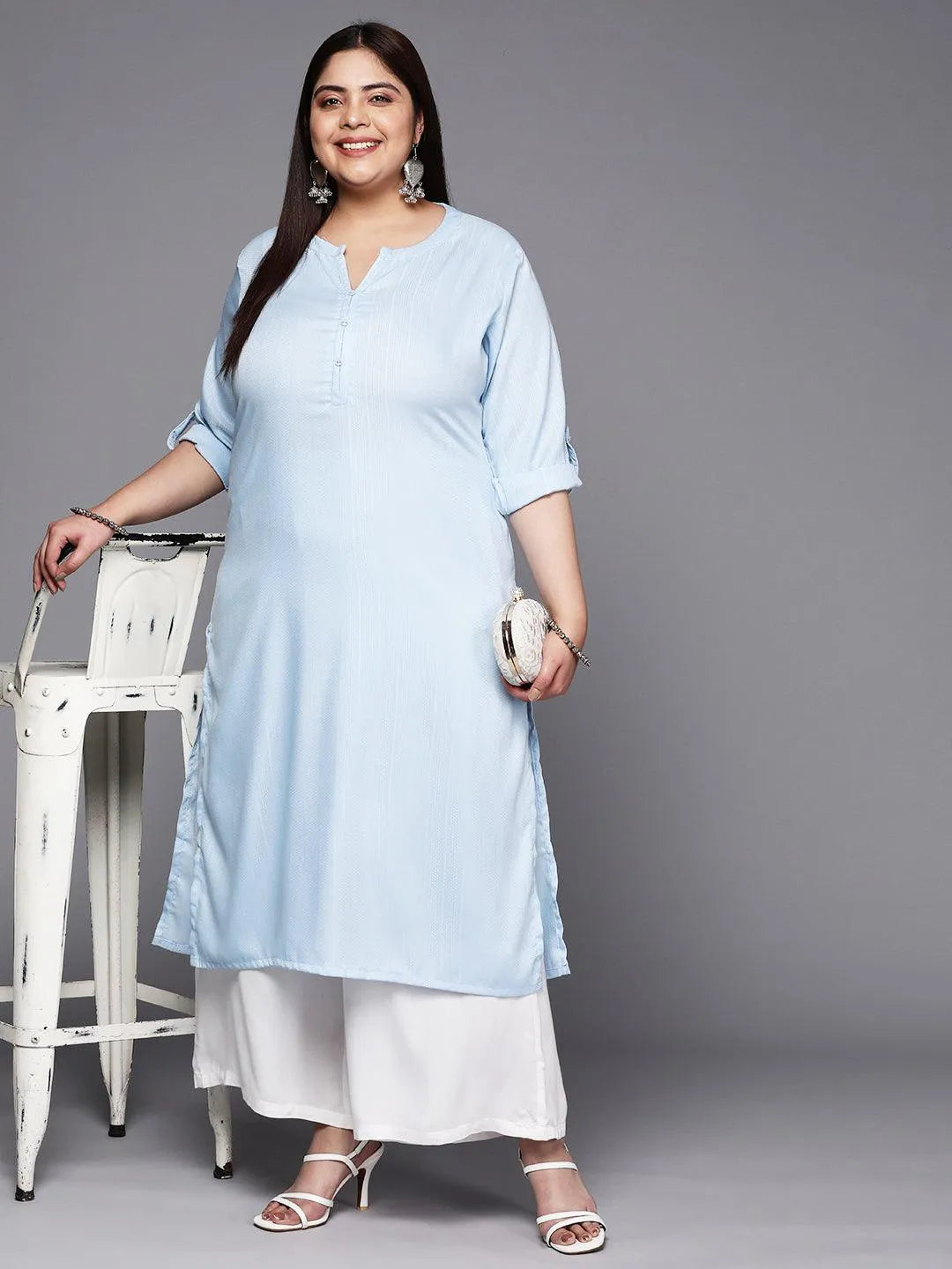 Plus Size Blue Woven Design Rayon Straight Kurta - Libas