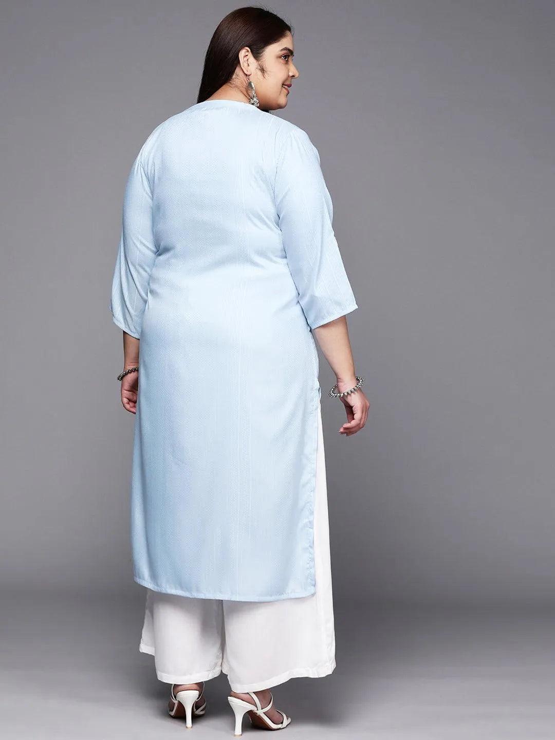 Plus Size Blue Woven Design Rayon Straight Kurta - Libas