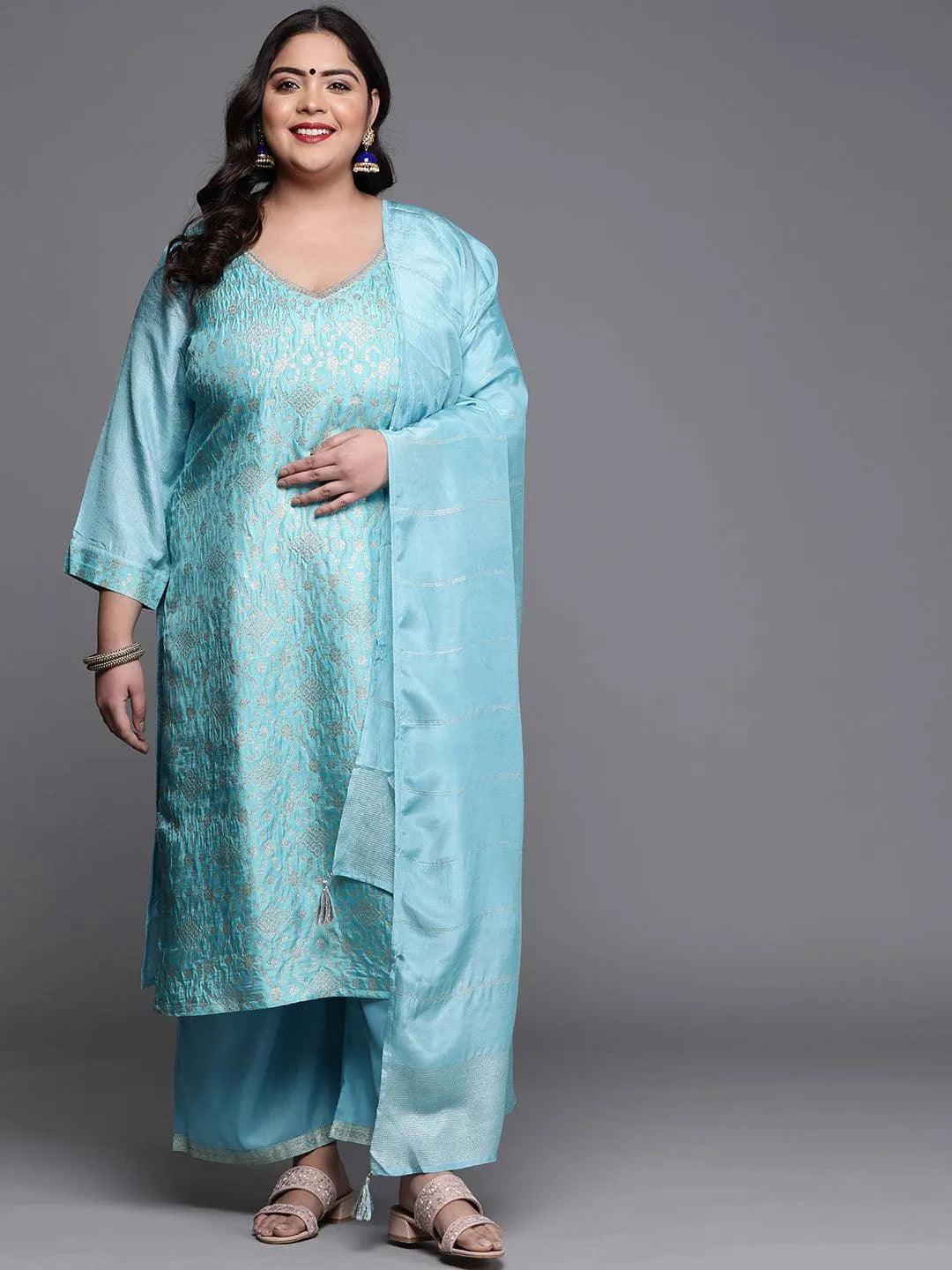 Plus Size Blue Woven Design Silk Blend Suit Set - Libas 