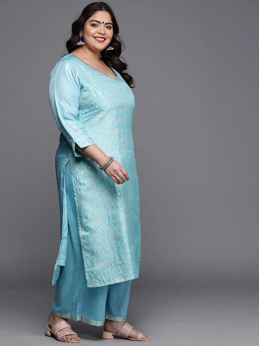 Plus Size Blue Woven Design Silk Blend Suit Set - Libas 