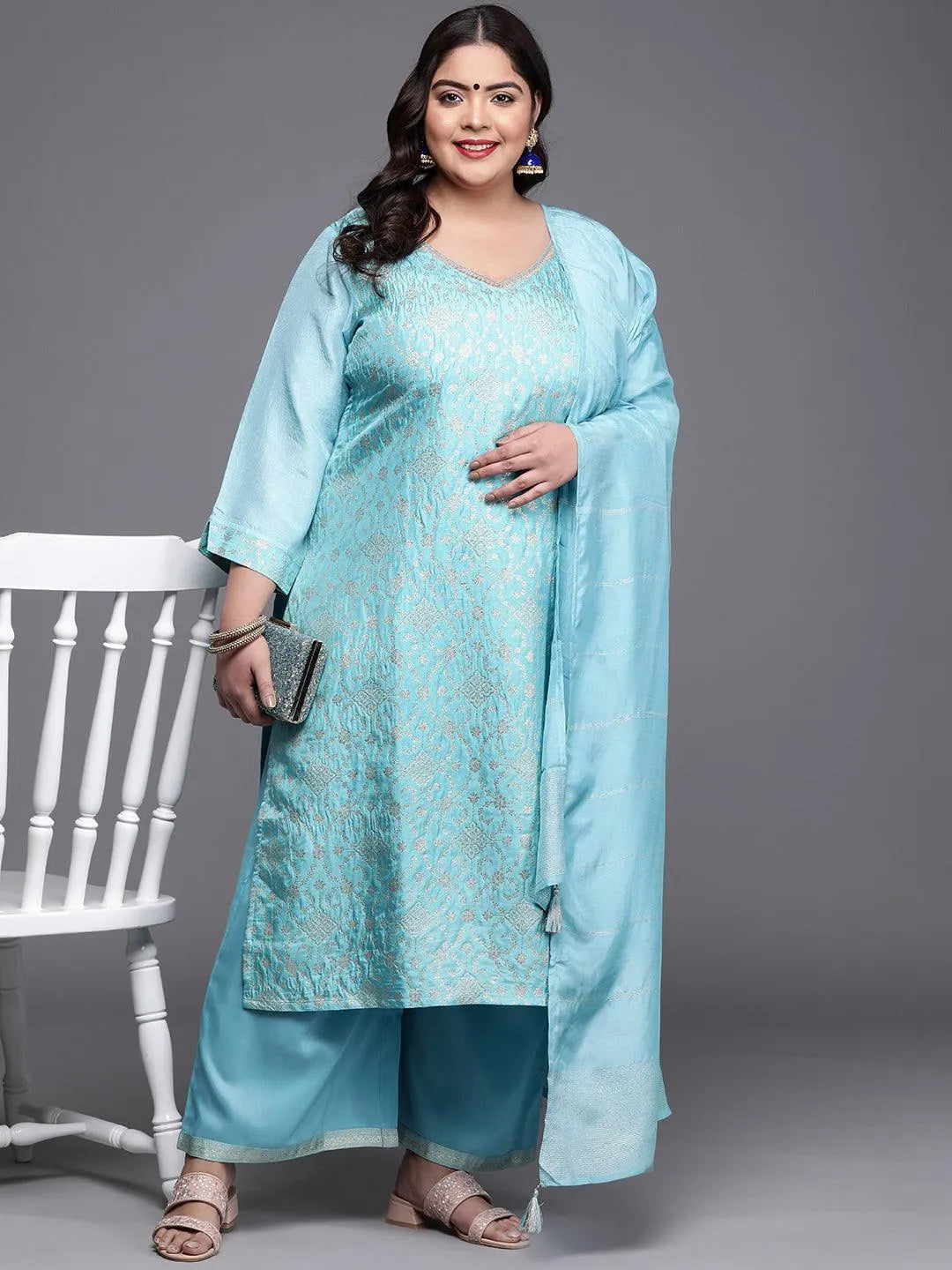 Plus Size Blue Woven Design Silk Blend Suit Set - Libas 