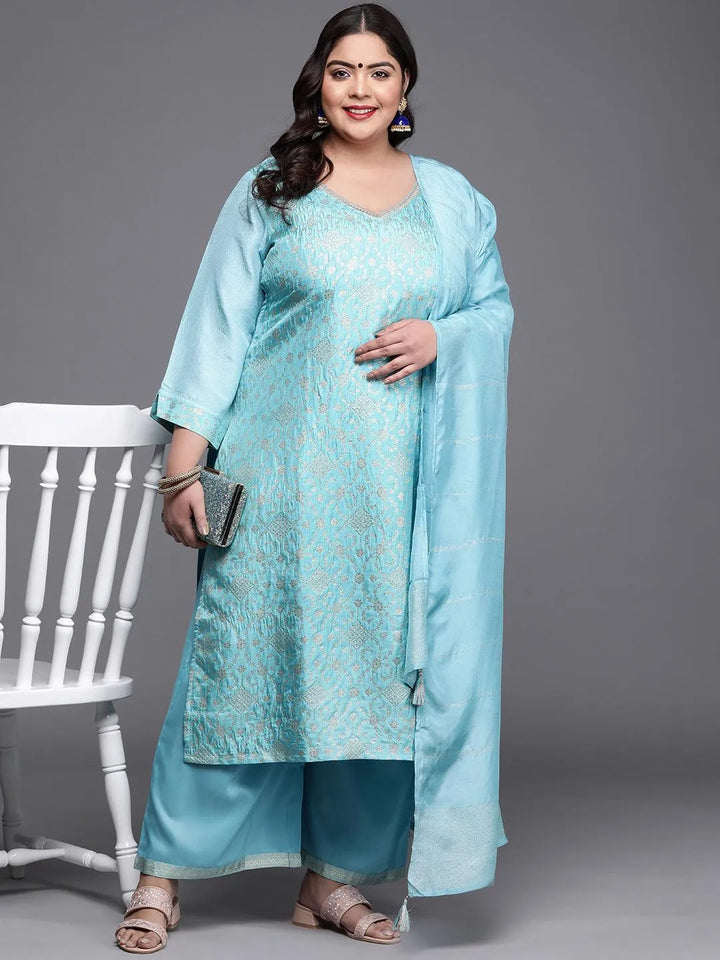 Plus Size Blue Woven Design Silk Blend Suit Set - Libas