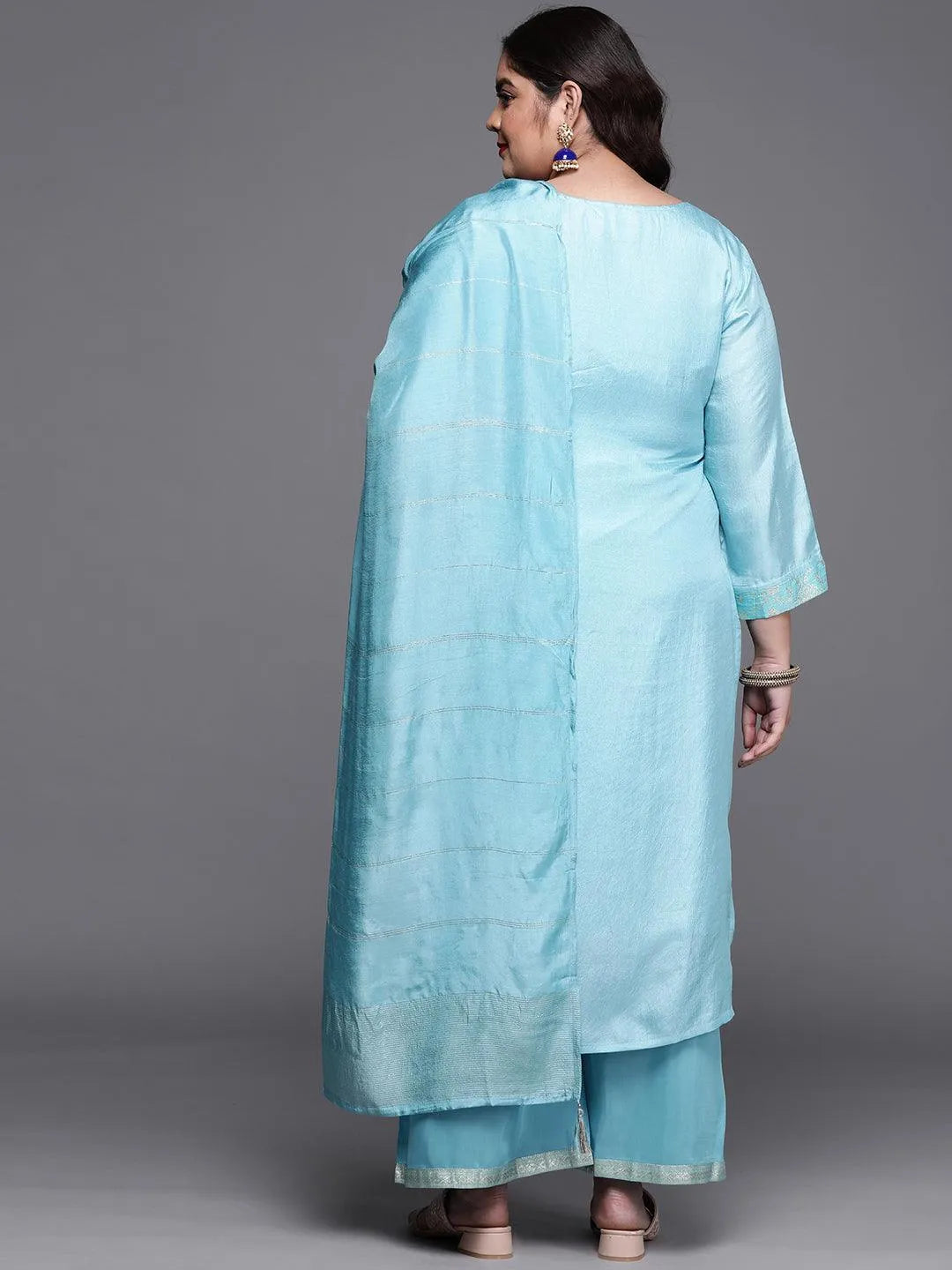 Plus Size Blue Woven Design Silk Blend Suit Set - Libas 