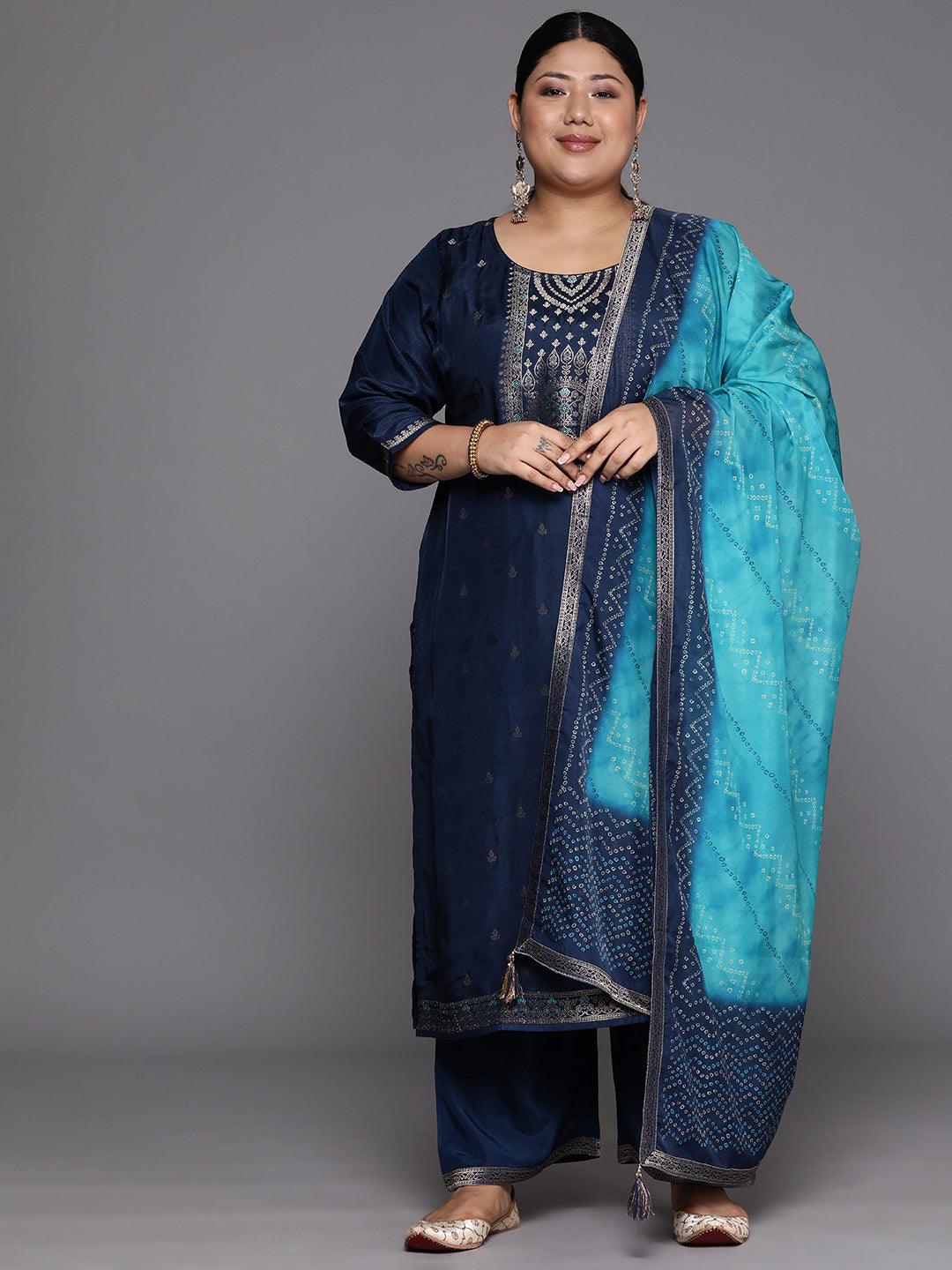 Plus Size Blue Woven Design Silk Blend Straight Suit Set - Libas