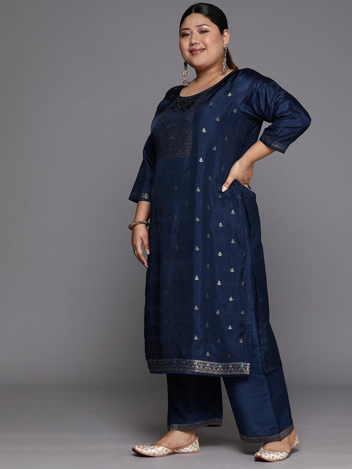 Plus Size Blue Woven Design Silk Blend Straight Suit Set - Libas