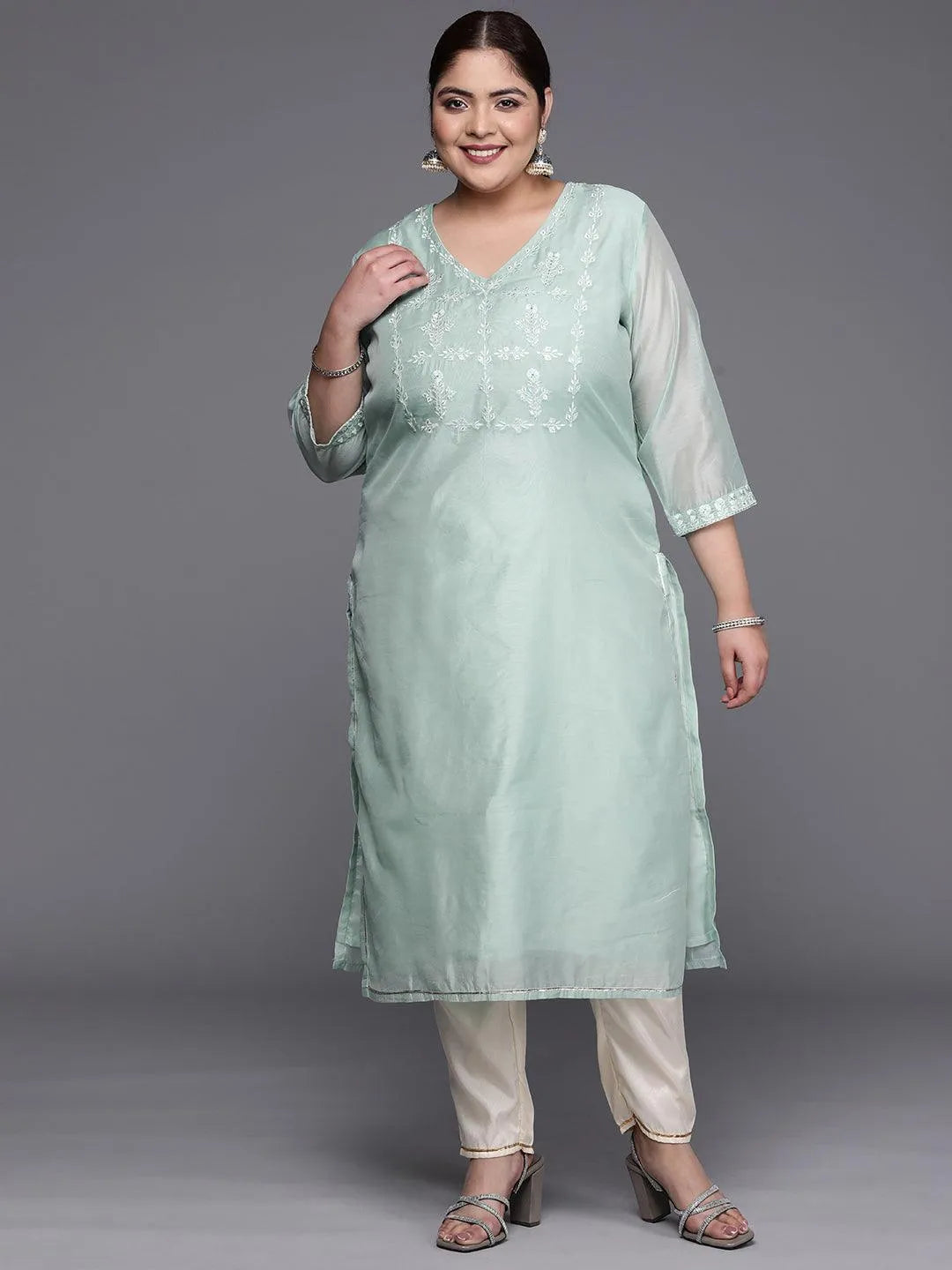 Plus Size Blue Yoke Design Chanderi Cotton Straight Kurta - Libas