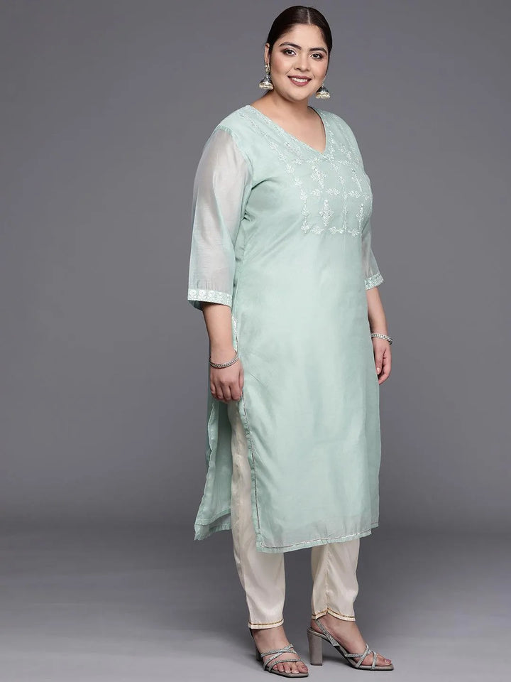 Plus Size Blue Yoke Design Chanderi Cotton Straight Kurta - Libas