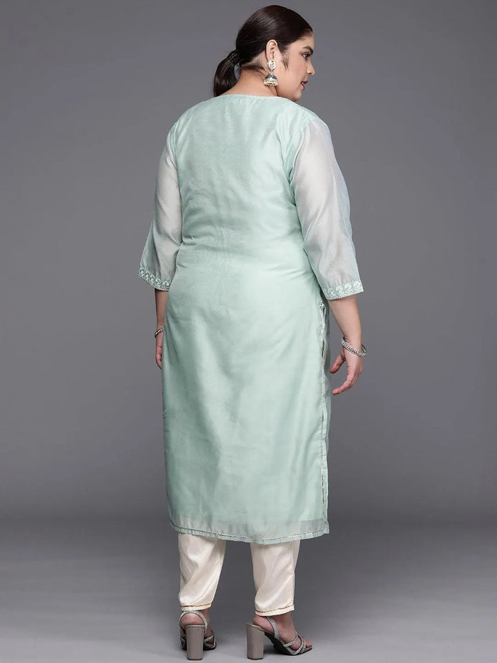 Plus Size Blue Yoke Design Chanderi Cotton Straight Kurta - Libas