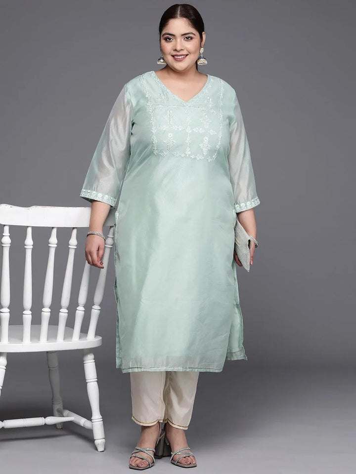 Plus Size Blue Yoke Design Chanderi Cotton Straight Kurta - Libas