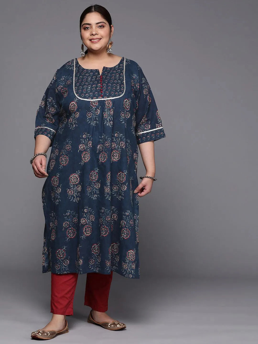 Plus Size Blue Yoke Design Cotton Straight Kurta - Libas