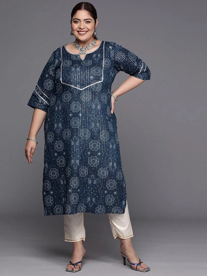 Plus Size Blue Yoke Design Cotton Straight Kurta - Libas