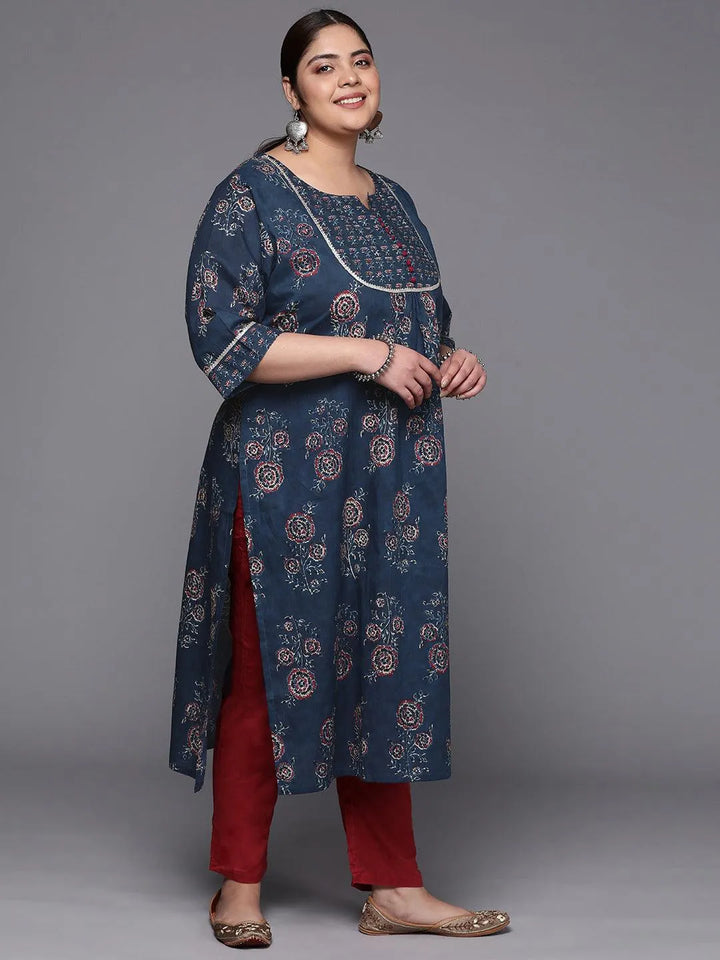 Plus Size Blue Yoke Design Cotton Straight Kurta - Libas