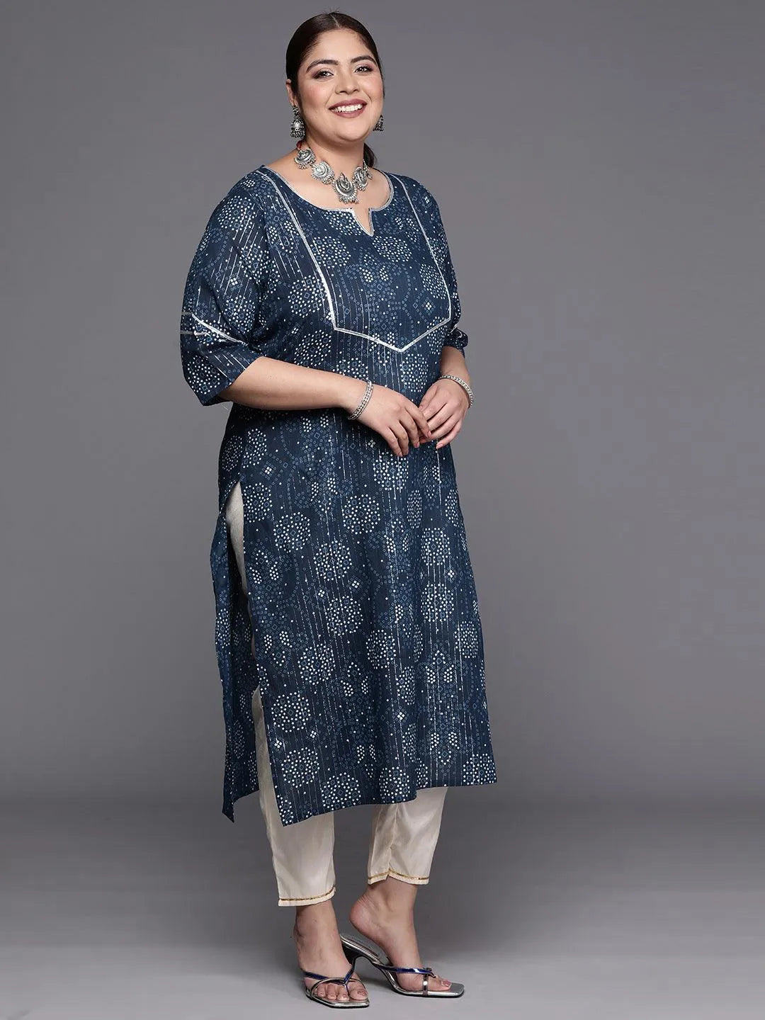 Plus Size Blue Yoke Design Cotton Straight Kurta - Libas