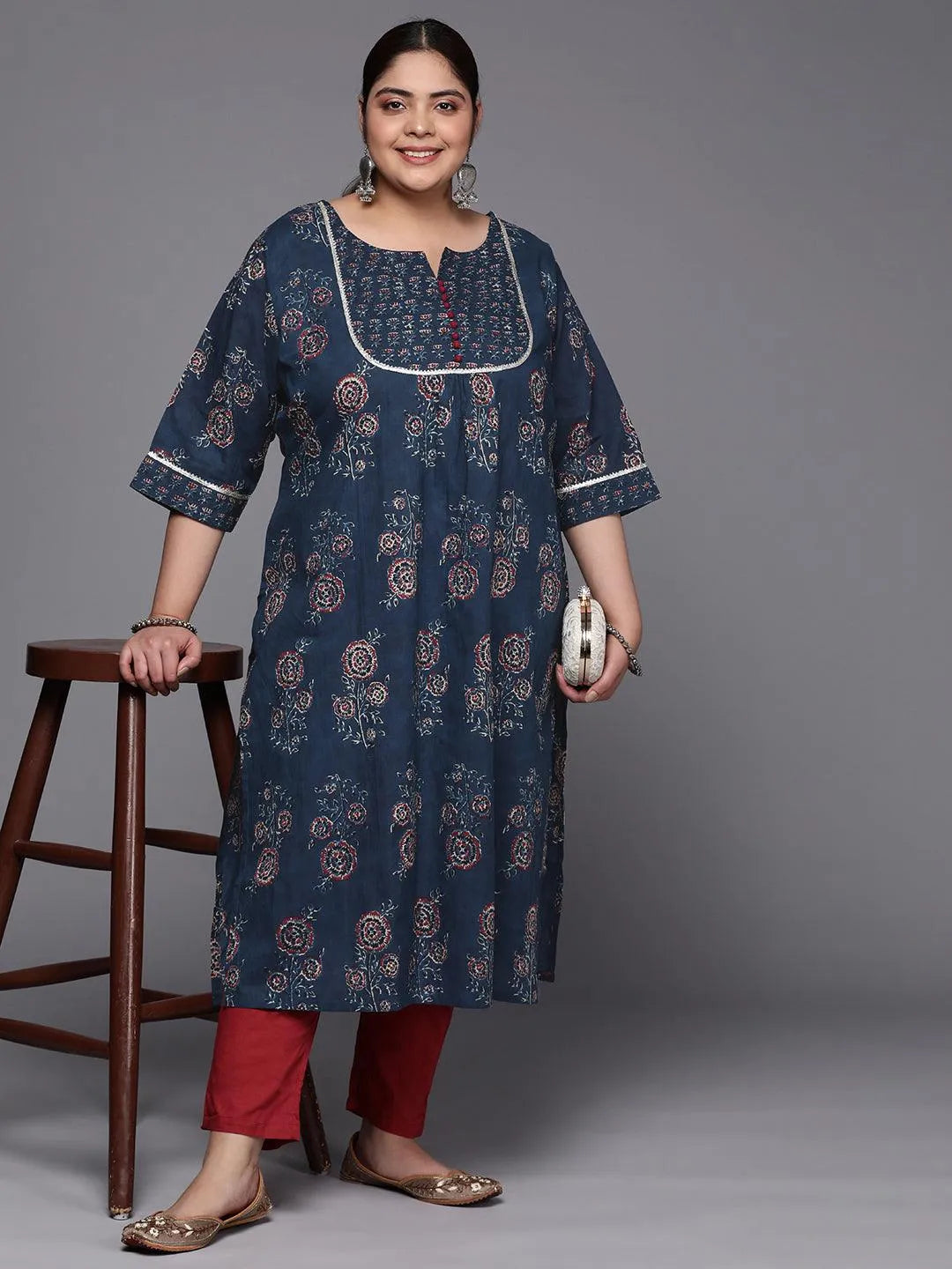 Plus Size Blue Yoke Design Cotton Straight Kurta - Libas