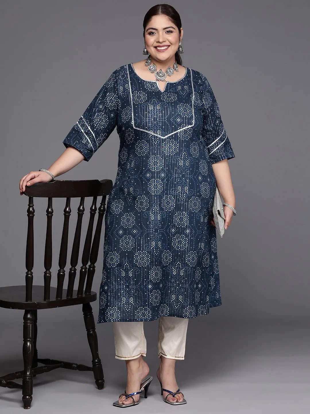 Plus Size Blue Yoke Design Cotton Straight Kurta - Libas