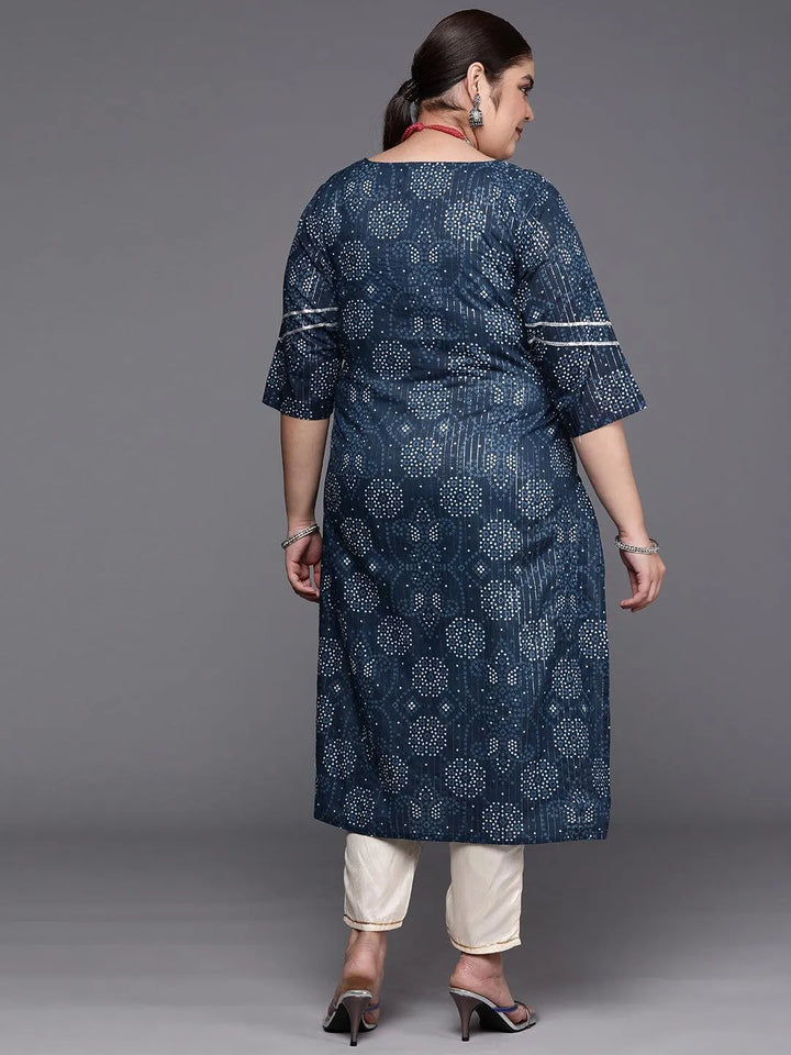 Plus Size Blue Yoke Design Cotton Straight Kurta - Libas