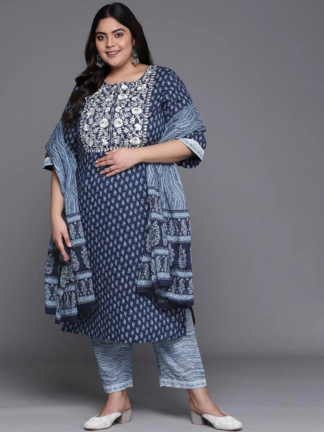 Plus Size Blue Yoke Design Cotton Suit Set - Libas 