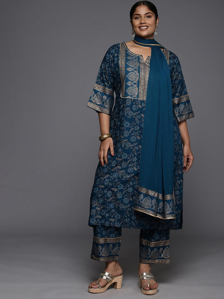 Plus Size Blue Yoke Design Rayon A-Line Kurta With Trousers & Dupatta - Libas